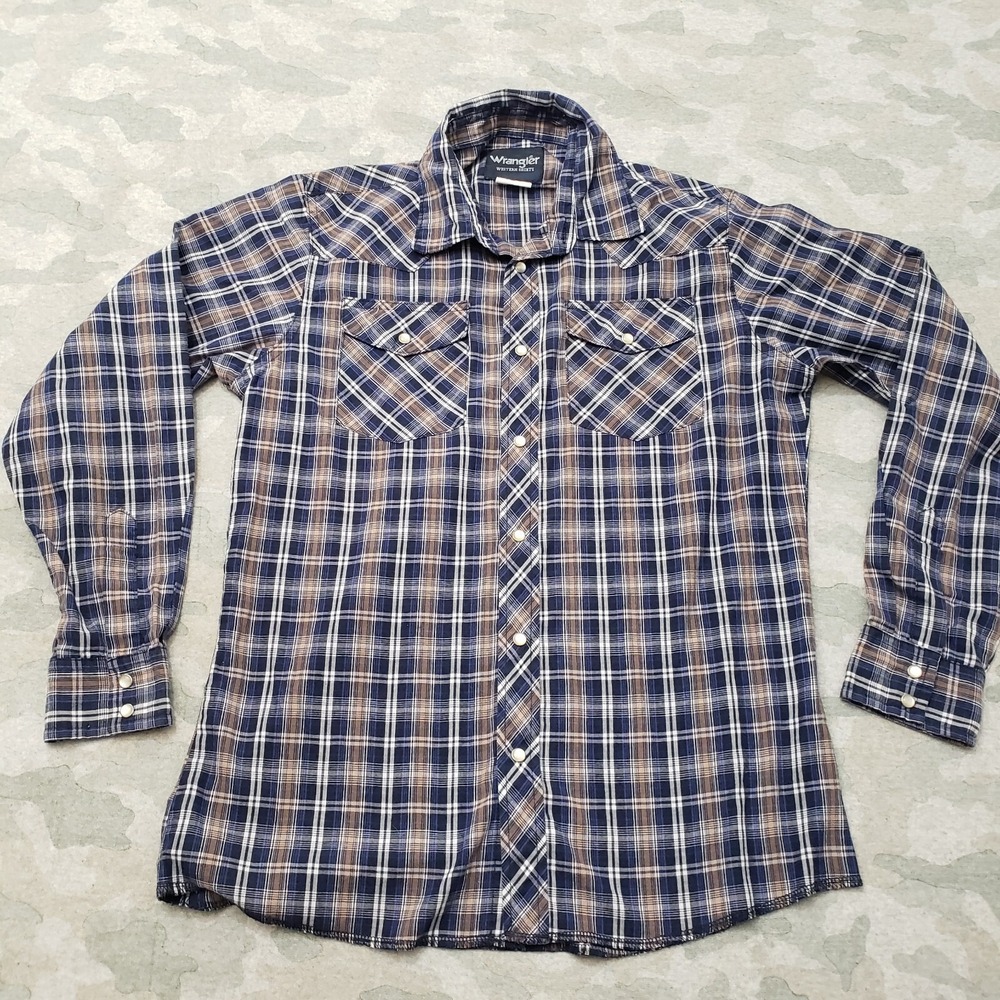 Wrangler Western Shirt Mens Small Blue Pockets Pearl Snap Long Sleeve - Picture 1 of 8